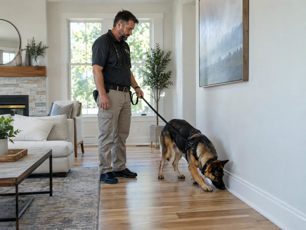 Professional Dog Inspection in a Modern Living Room