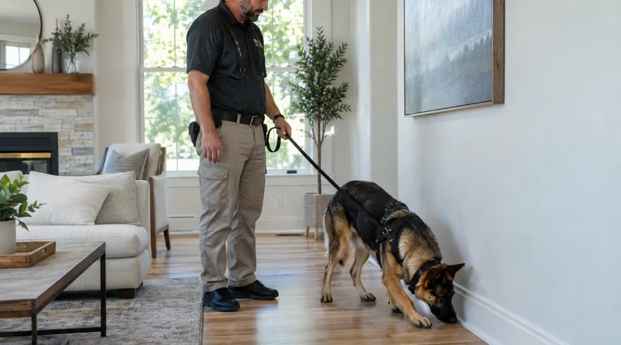 Professional Dog Inspection in a Modern Living Room